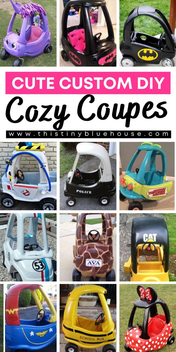 many different toy cars are shown with the words cute custom diy cozy coupes