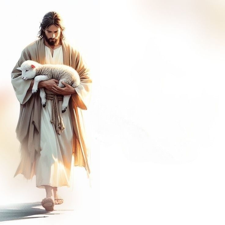 jesus holding a lamb in his arms while walking