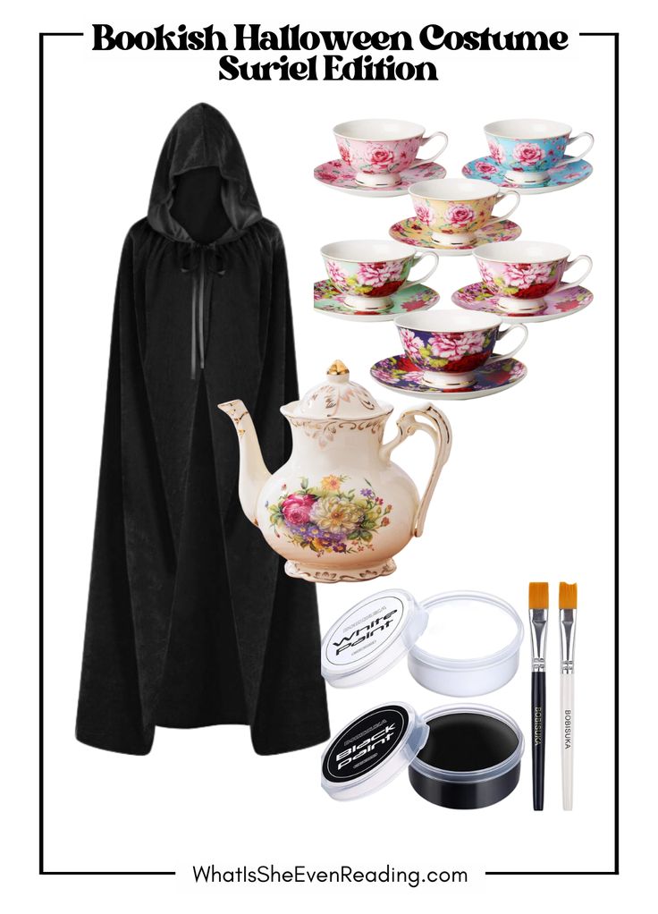 a woman wearing a black robe and some teacups, with the words bookish halloween costume street edition