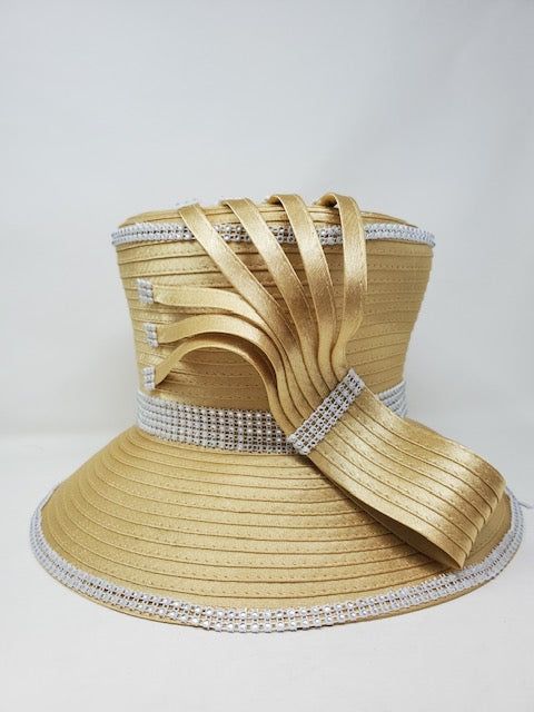 Lady Diane Church Hat – GMI SUIT SHOP Formal Wide Brim Hat With Ribbon, Elegant Rhinestone Hat For Spring, Elegant Summer Hats With Rhinestones, Spring Party Hats With Rhinestones, Elegant Adjustable Gold Sun Hat, Gold Wide Brim Costume Hat For Parties, Elegant Sun Hat With Ribbon And Curved Brim, Adjustable Gold Hat For Events, Gold Sun Hat With Short Brim For Party