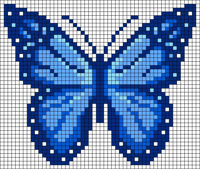 a blue butterfly is shown in the shape of a cross - stitch pattern on a white background