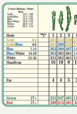 the back side of a golf card with numbers on it and holes in each row