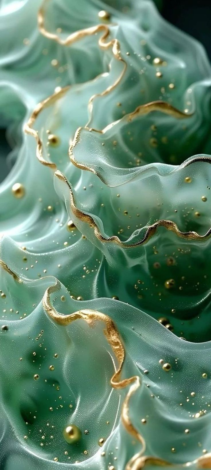 an abstract painting with gold and green paint on it's surface, in the shape of waves