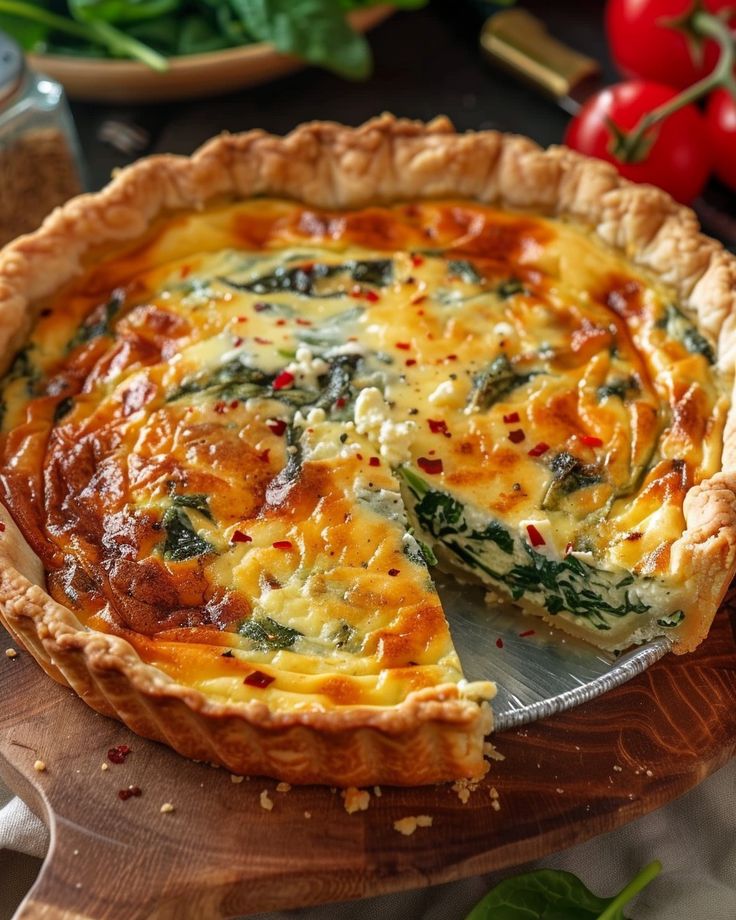 a quiche with spinach and cheese is on a wooden cutting board next to tomatoes