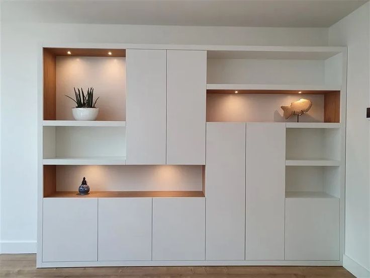 an empty room with white shelves and plants