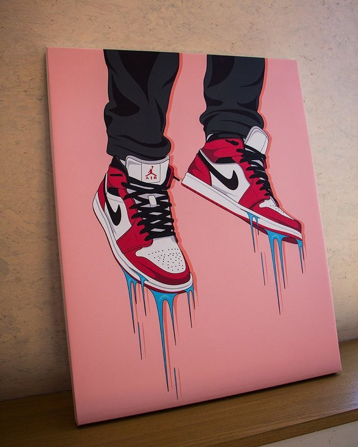 a painting of a pair of sneakers on a pink background with dripping paint drips