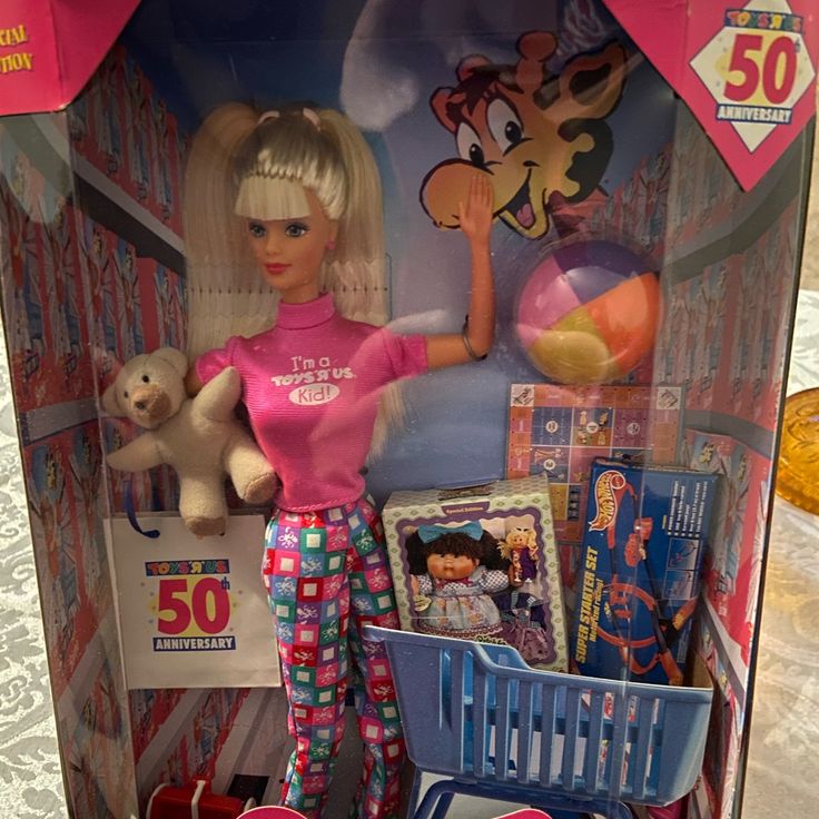 a barbie doll in a toy store display case