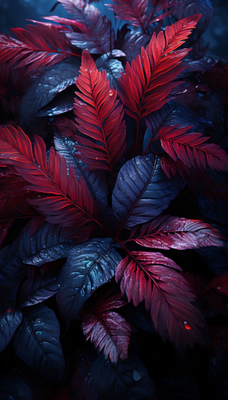 red and purple leaves with water droplets on them