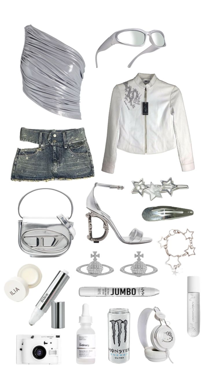 #silver #white #beauty #fashion #outfit #outfitinspo White And Silver Outfits For Women, Chrome Silver Outfit, White And Silver Concert Outfit, Silver Theme Outfit, Silver Hair Outfit Ideas, Y2k Silver Outfits, Silver White Outfit, Silver Rave Outfit, Silver And White Outfit