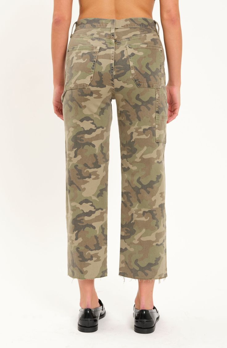 Cropped legs and a camo print lend a casual air to this pair of cotton pants finished with a hint of stretch. 26 1/2" inseam; 16 1/2" leg opening; 11 1/2" front rise Zip fly with button closure Front slant pockets; back patch pockets 69% cotton, 30% organic cotton, 1% spandex Machine wash, dry flat Imported Camouflage Cargo Pants With Straight Leg, Camouflage Relaxed Fit Straight Leg Cargo Pants, Relaxed Fit Camouflage Cargo Pants For Fall, Cotton Camouflage Tapered Leg Pants, Camouflage Cotton Tapered Leg Bottoms, Military Style Straight Leg Bottoms For Fall, Camouflage Cotton Tapered Leg Pants, Camouflage Cotton Jeans For Fall, Camouflage Straight Leg Bottoms With Patch Pockets