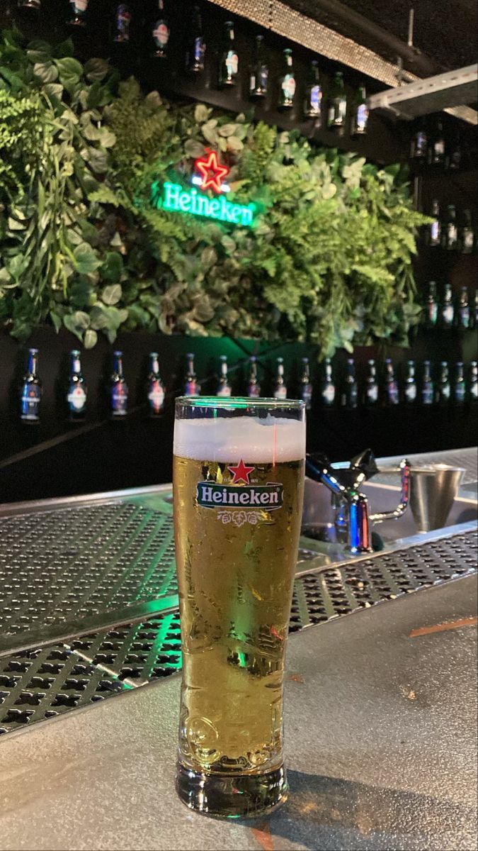 a glass of beer sitting on top of a bar next to a wall with plants