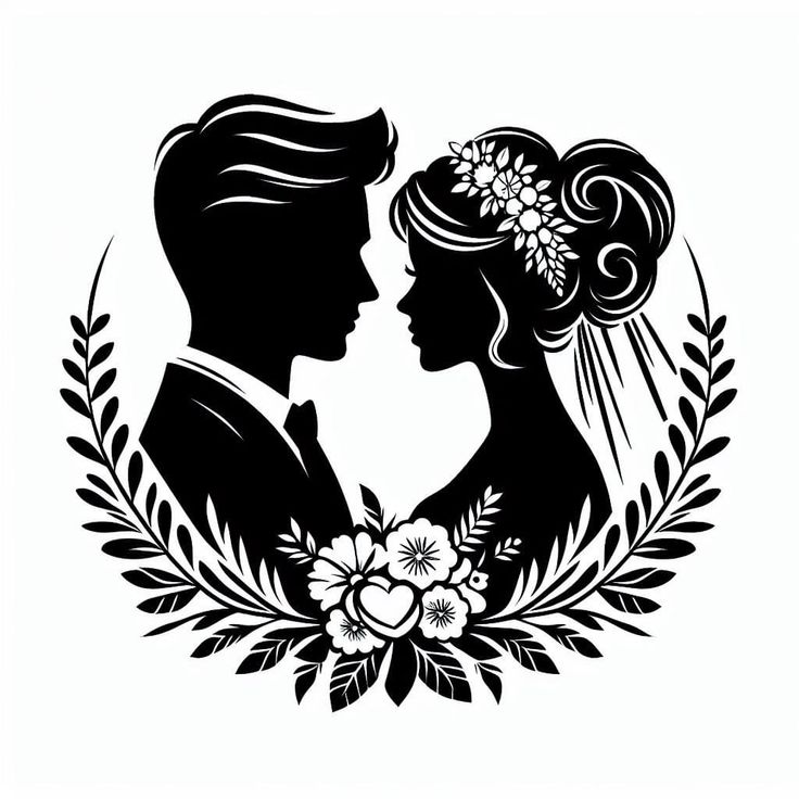 the silhouette of two people with flowers in their hair