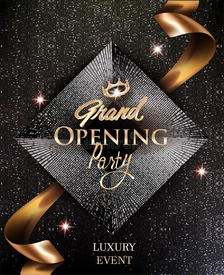 an elegant grand opening party poster with gold ribbon and diamond shapes on black background illustration