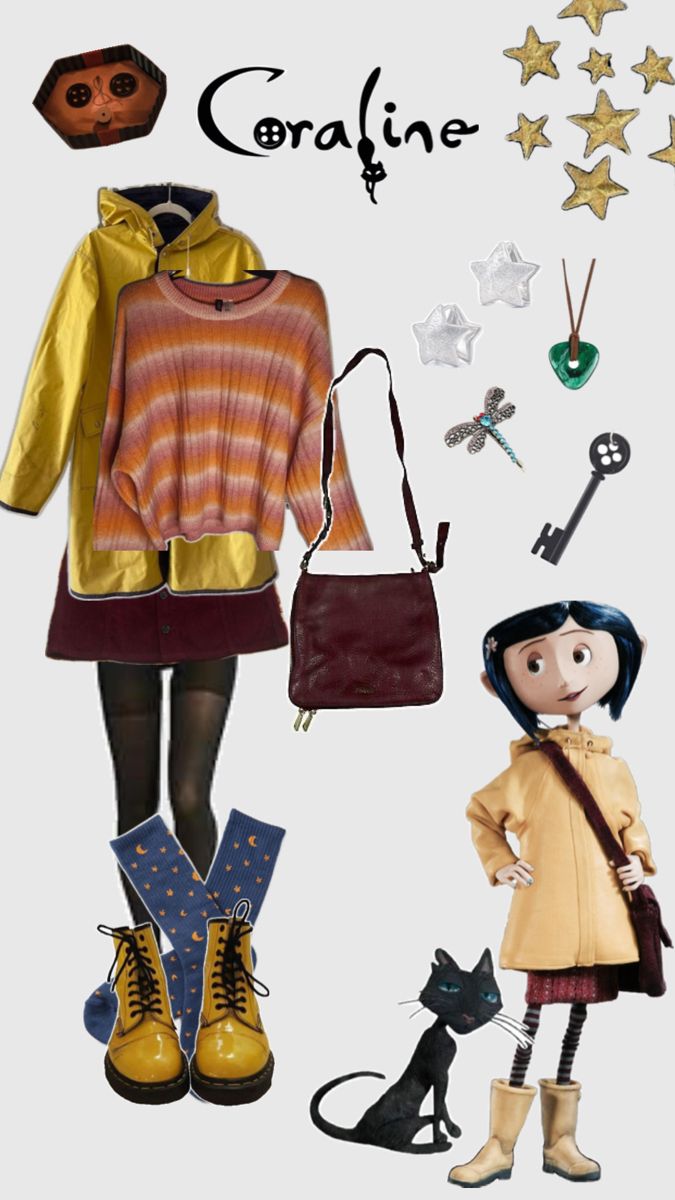 an image of clothes and accessories on display with the words coraline written in large letters