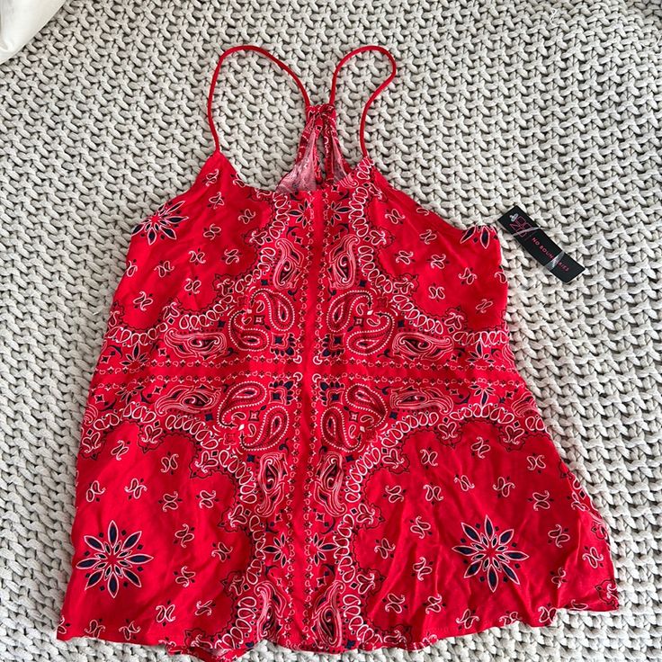 Nwt Womens Xs Brand New Boundaries Super Soft Racer Back Straps Great For Country Concerts! Trendy Red Top For Festival, Red Paisley Print Top For Vacation, Bohemian Bandana Print Top For Beach, Casual Bandana For Vacation, Red Summer Festival Top, Casual Summer Bandana For Vacation, Fitted Casual Bandana For Summer, Casual Red Tops With Paisley Print, Fitted Casual Bandana For Beach