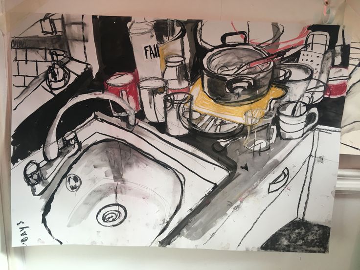 a drawing of pots and pans in a kitchen sink