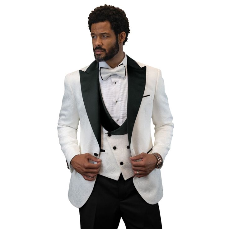 Experience the epitome of elegance with the Aldebaran Collection 3-Piece Tuxedo Suit.   This luxurious ensemble features a fancy jacket and vest,   paired with solid black pants and a matching bow tie.   Crafted from premium materials,   this tuxedo offers both comfort and sophistication.    Key Features:     Fancy jacket and vest:   Add a touch of elegance and sophistication.    Solid black pants:   A timeless and versatile choice.    Matching bow tie:   Completes the ensemble.    Premium mater White Tuxedo Jacket, Prom For Guys, Prom Suits For Men, Tuxedo Shirt Men, Paisley Jacket, Mens Outdoor Jackets, White Tuxedo, Prom Suits, Linen Shirt Men