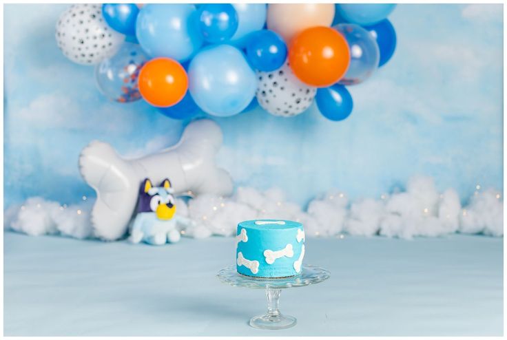 a blue cake sitting on top of a glass plate next to balloons and a balloon arch