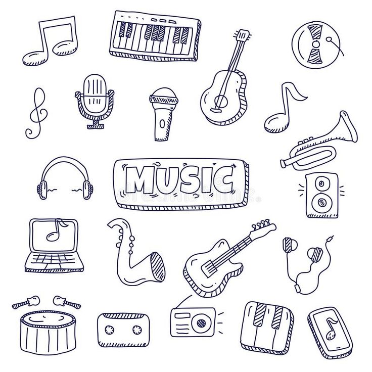 hand drawn musical instruments and music symbols royalty illustration on white background stock images, clippings