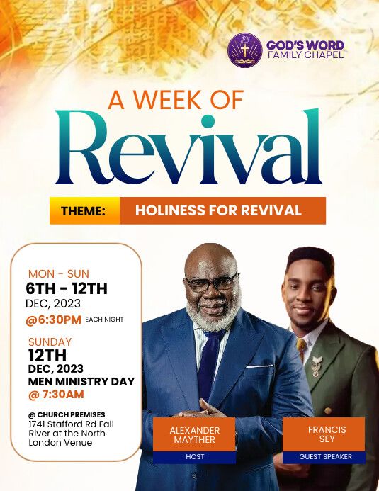 a flyer for a revival event with two men in suits