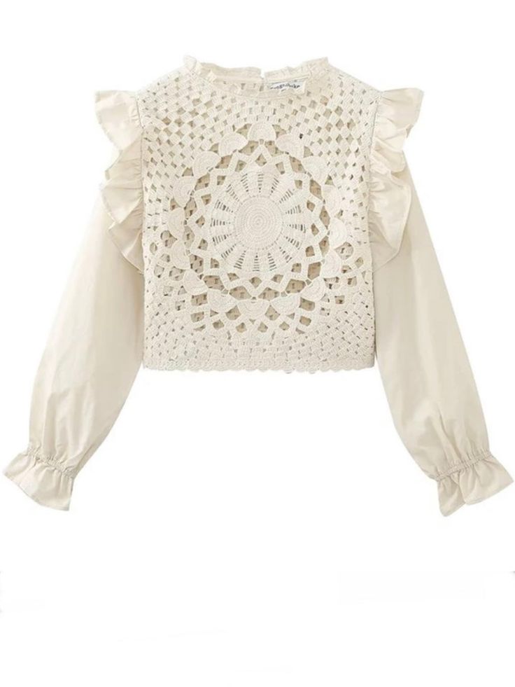 Casual style. Unique boho look. 100% polyester. Round neck. Long sleeves Key hole back button. Pull on. Ruffles details. Color may be lighter or darker depending of the device it is displayed. Trendy Winter Blouse With Ruffles, Trendy Ruffled Winter Blouse, Trendy Long Sleeve Crochet Top For Spring, Embroidered Long Sleeve Beige Sweater, Beige Embroidered Long Sleeve Sweater, Trendy Ruffled Knit Top For Fall, Elegant Embroidered Spring Sweater, Casual Crew Neck Sweater With Crochet Trim, Casual Spring Sweater With Crochet Trim