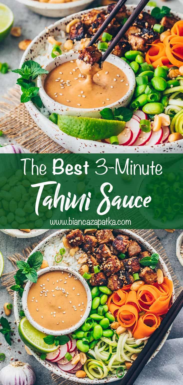 the best 3 - minute tahini sauce recipe with carrots, cucumbers and other vegetables