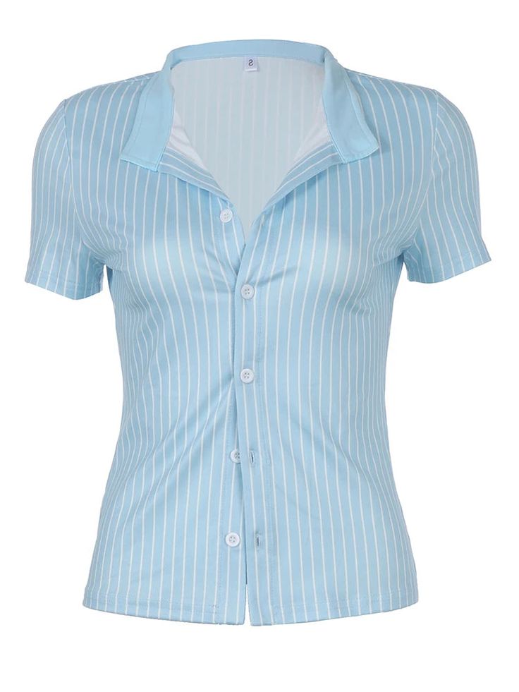 45918580375811|45918580408579|45918580441347 Casual Chique Stijl, Preppy Tops, Style Désinvolte Chic, Style Casual Chic, Casual Chique, Blue Striped Shirt, Striped Short Sleeve Shirt, Short Sleeve Shirts, Collars For Women