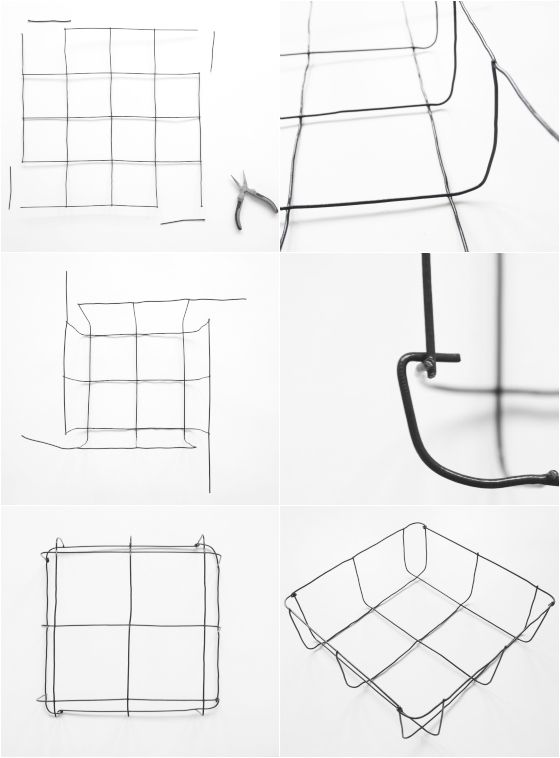 four different views of wire baskets with handles and wires attached to the sides, all in various shapes and sizes