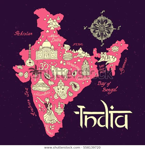 india map with all the main cities and their names in pink on a purple background