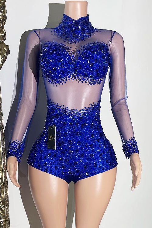 Icon Diamante Bodysuit Glitter Bodysuit, Tulle Neckline, Mini Homecoming Dresses, Blue Bodysuit, Prom Dress Shopping, A Goddess, High Neck Long Sleeve, Birthday Photoshoot, Performance Outfit