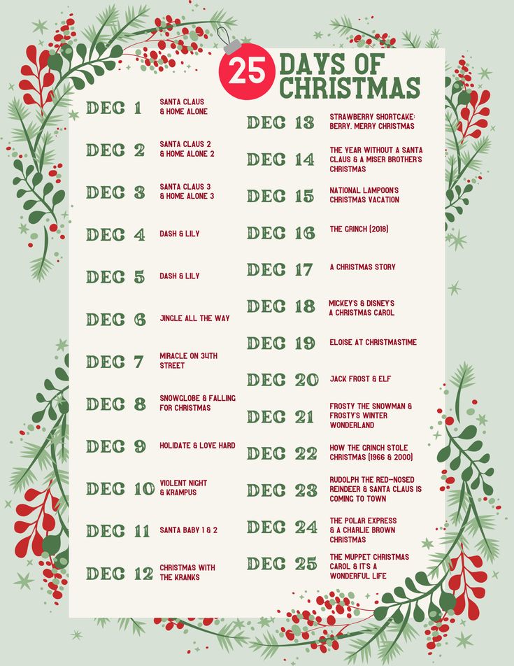 the 25 days of christmas poster with holly wreaths and red berries on green background