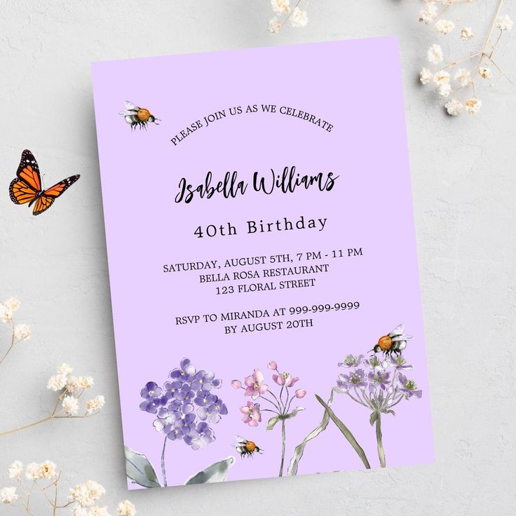 a purple birthday party card with flowers and butterflies on it, next to some baby's breathflowers