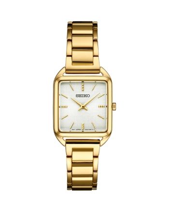 Seiko Watch Essentials Watch, 26mm Seiko Gold Watch, Seiko Watches Women, Seiko Gold, Slim Watches, Seiko Watches, Women Essentials, Grid Pattern, Gold Texture, Clean Design