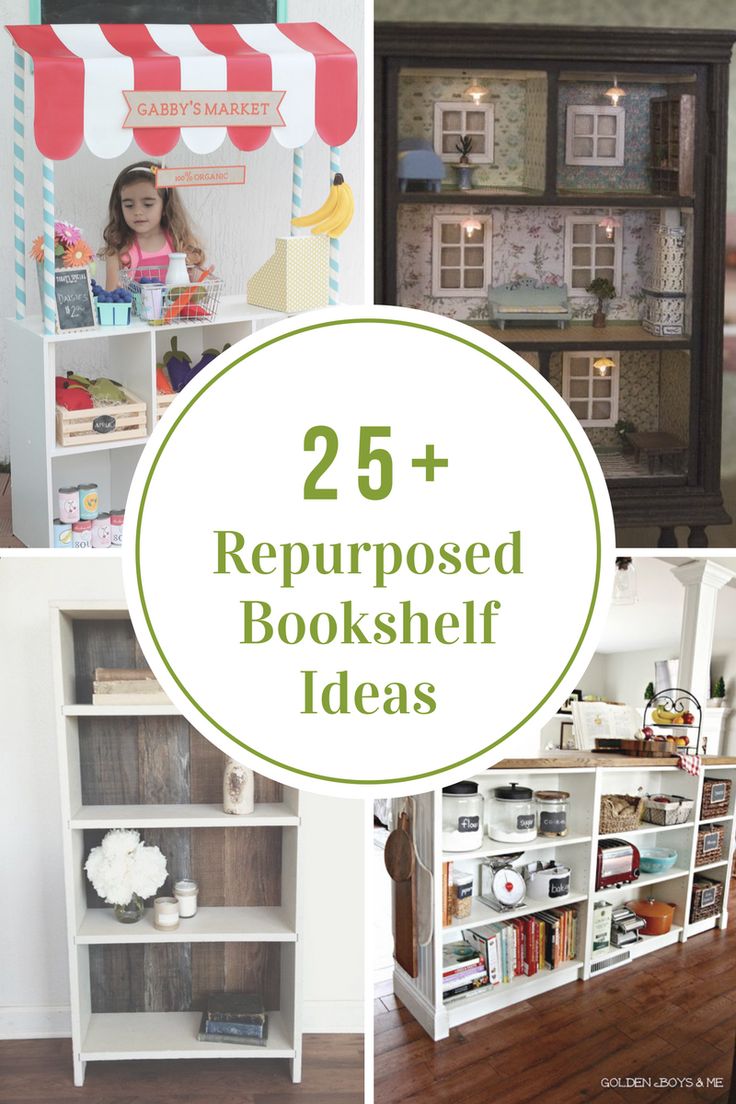 some bookshelves with the words 25 repurposed bookshelf ideas on them