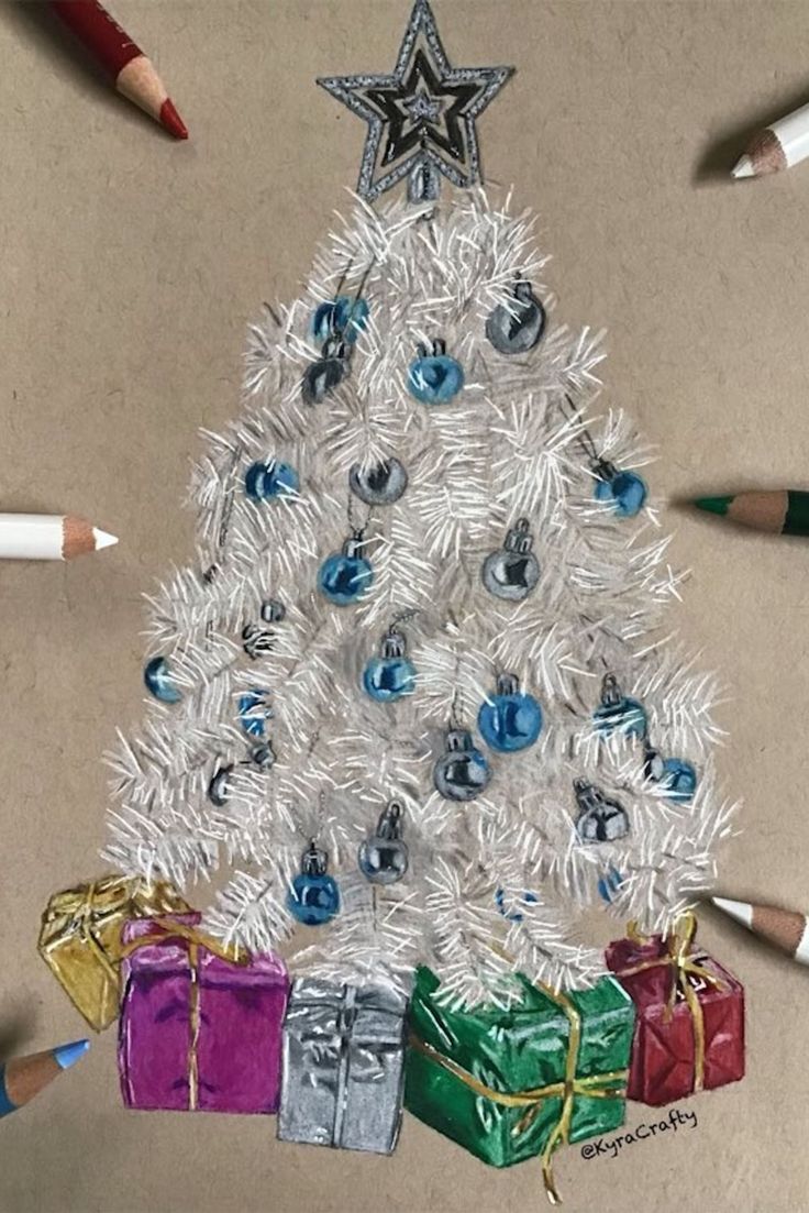 a drawing of a christmas tree with presents under it and pencils on the ground