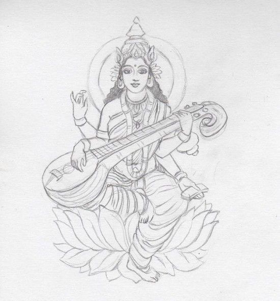 Beautiful Sketch of Mata Saraswati - God Pictures Saraswati Pencil Sketch, Sarasvati Ma Drawing, Saraswati Drawing Art, Ma Saraswati Drawing, Maa Saraswati Drawing Sketch, Vishnu Drawing Easy, Saraswati Goddess Drawing, Saraswati Puja Drawing, Vishnu Sketch