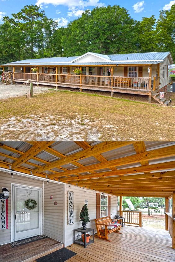 before and after photos of a covered porch in front of a house with an attached deck