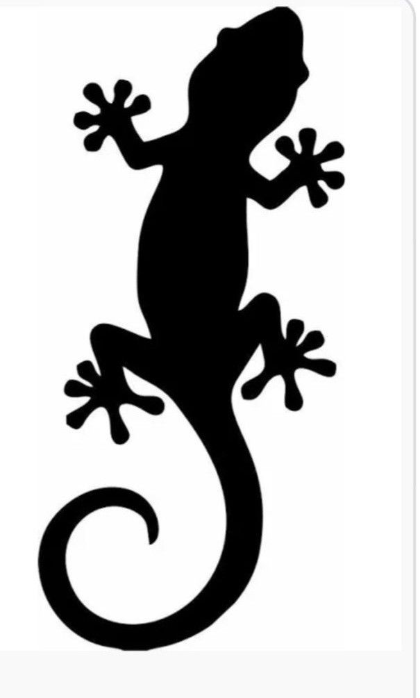 a black and white silhouette of a gecko on a white background with the word,