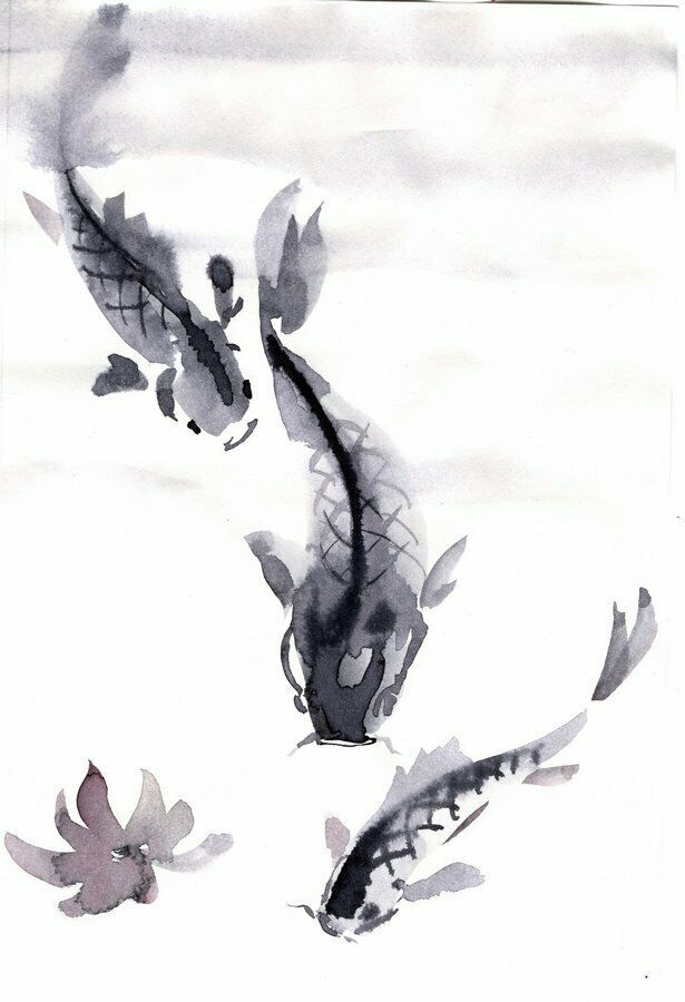 watercolor painting of two koi fish swimming in the pond with their tails curled up