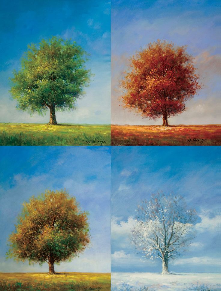 four different paintings of trees with blue sky in the background