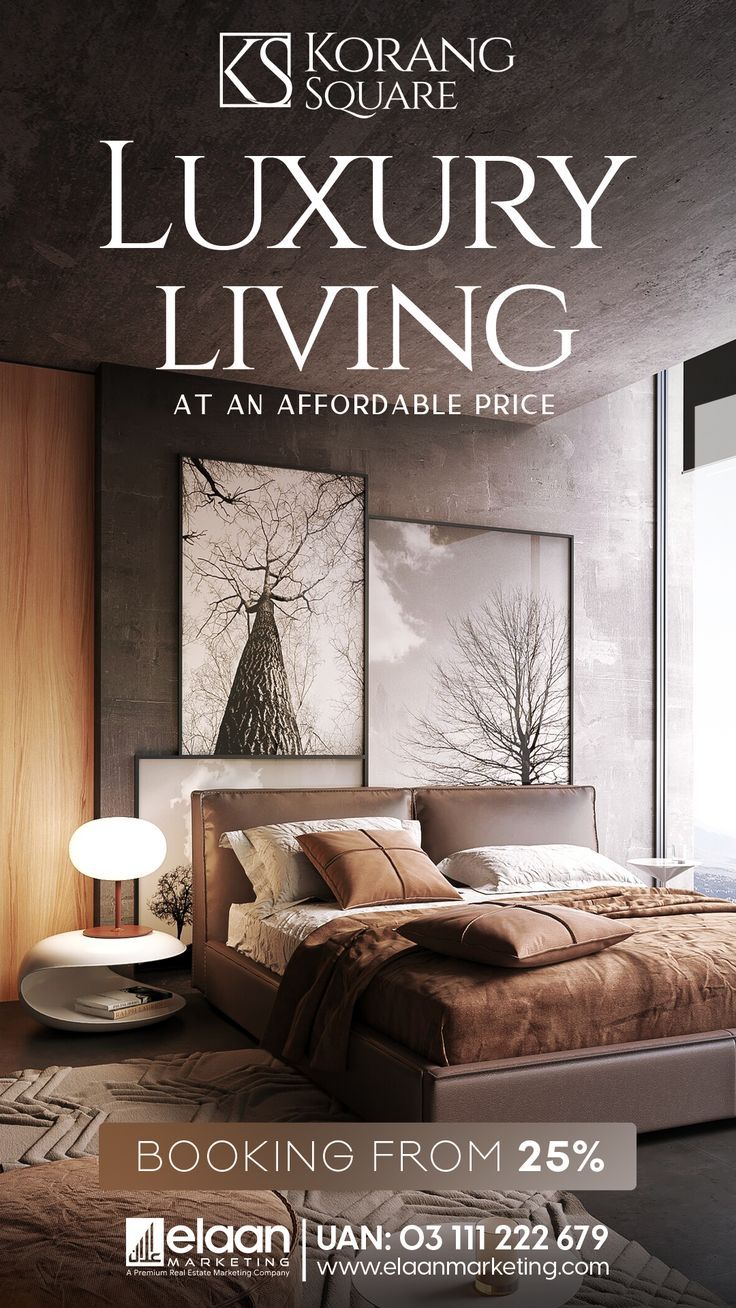 a poster advertising luxury living at an affordable price, featuring a bed with pillows and blankets