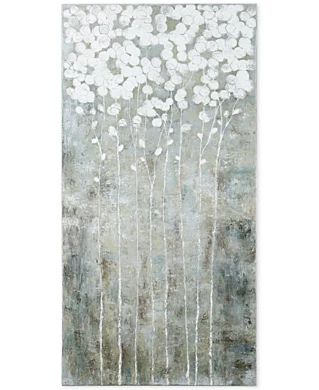 an abstract painting with white flowers on grey and green background, in the shape of a tree