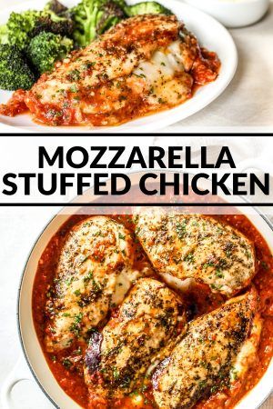 mozzarella stuffed chicken in a red sauce with broccoli and other foods