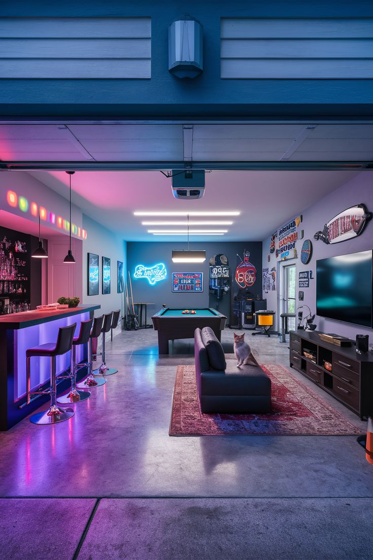 a living room filled with furniture and a pool table in front of a tv mounted on the wall