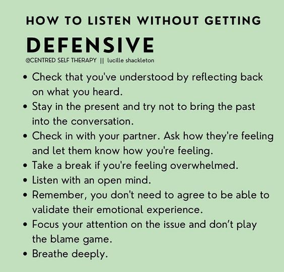 a green poster with the words how to listen without getting defensive