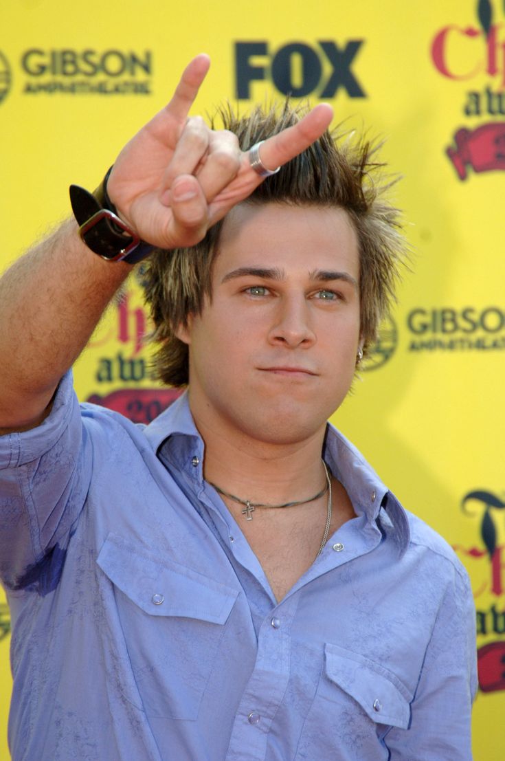 a young man making the peace sign with his hand while standing in front of a yellow background