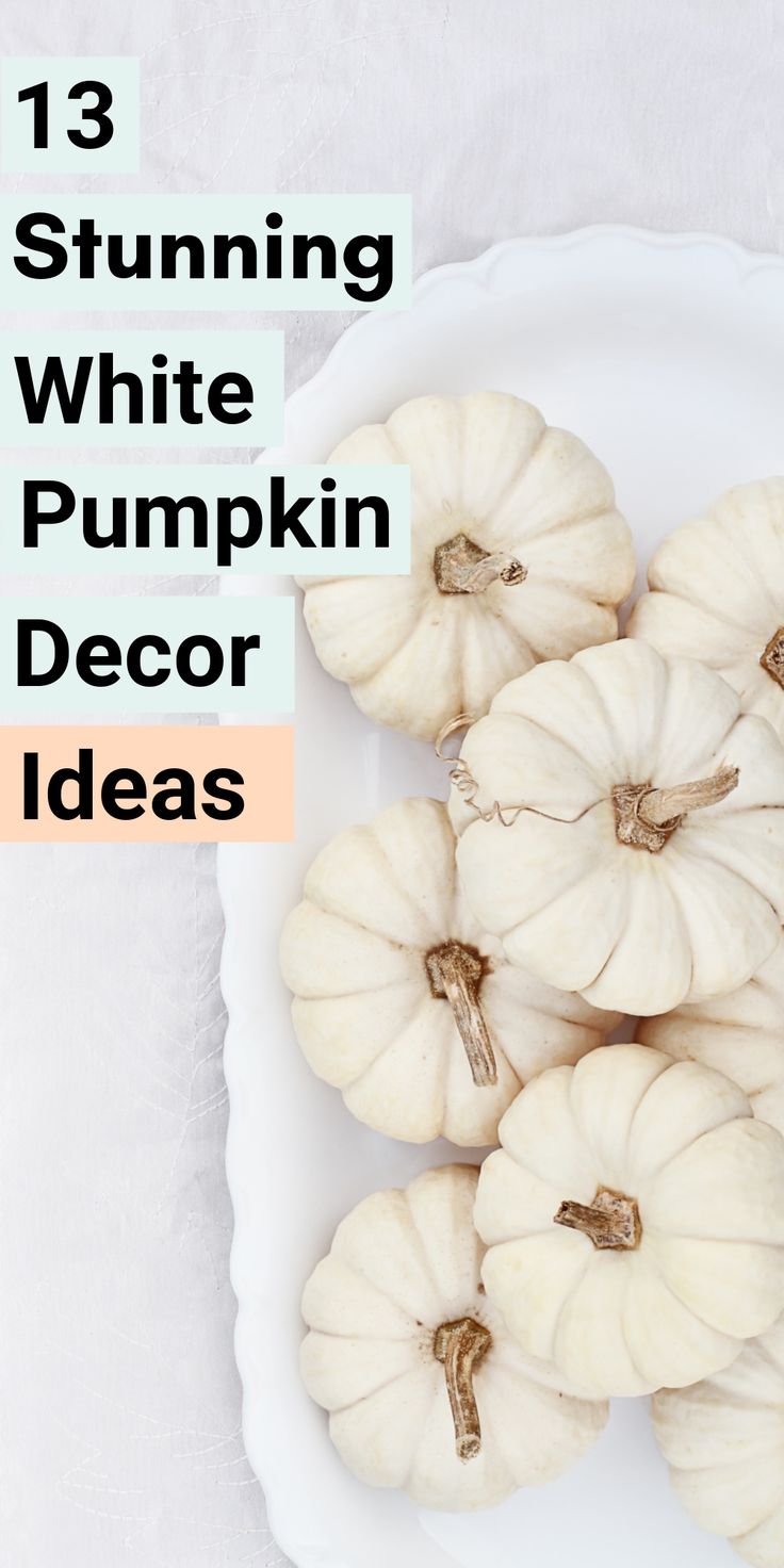 white pumpkins on a plate with text overlay that reads 13 stunning white pumpkin decor ideas