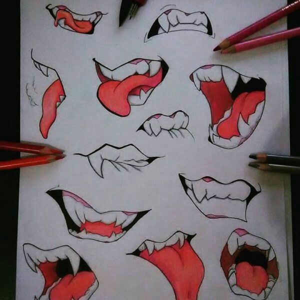 a drawing of various mouths with pencils next to it