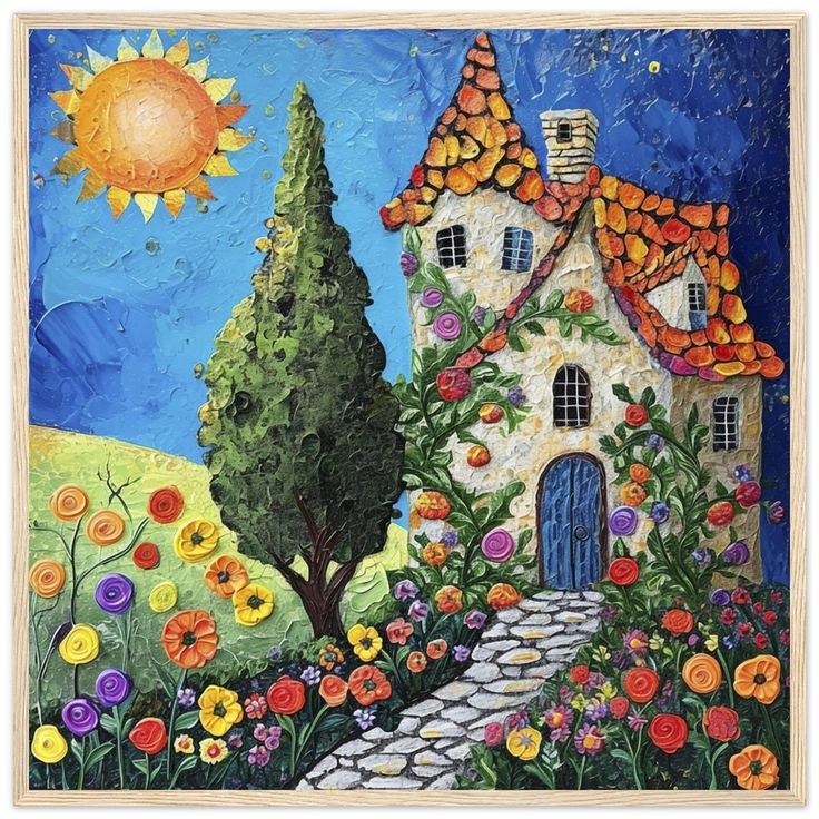 a painting of a house surrounded by flowers and trees