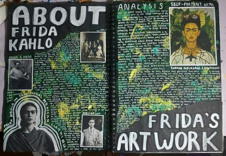 an open book with pictures and words on the pages that read about frida kahlo